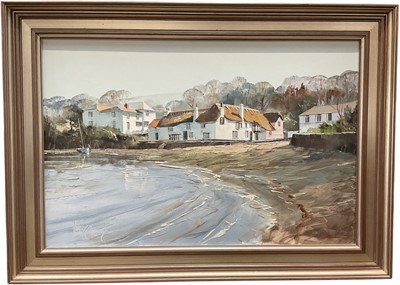 Lot 825 - Harry Crossley, oil on canvas, estuary view with pub