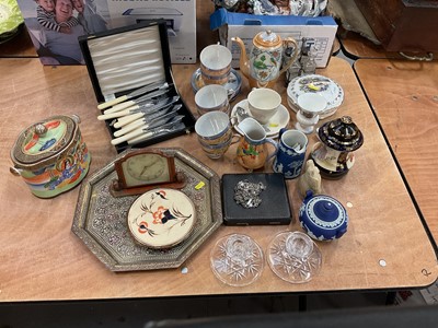 Lot 363 - 1930's Japanese egg shell porcelain teaset, silver plated teaspoons and other ceramics and sundries.