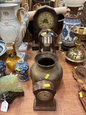 Lot 458 - Group of three clocks, a miners lamp and a brass pot