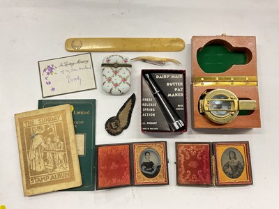 Lot 612 - Second World War cloth RAF engineers badge, compass, rule, degarrotypes and sundries.