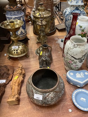 Lot 462 - Russian brass samovar and group of eastern silvered copper items and other metalware.