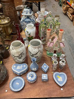 Lot 463 - Pair of Japanese porcelain vases, group of wedgwood Jasperware, Staffordshire ornaments, Delft vase and sundries.