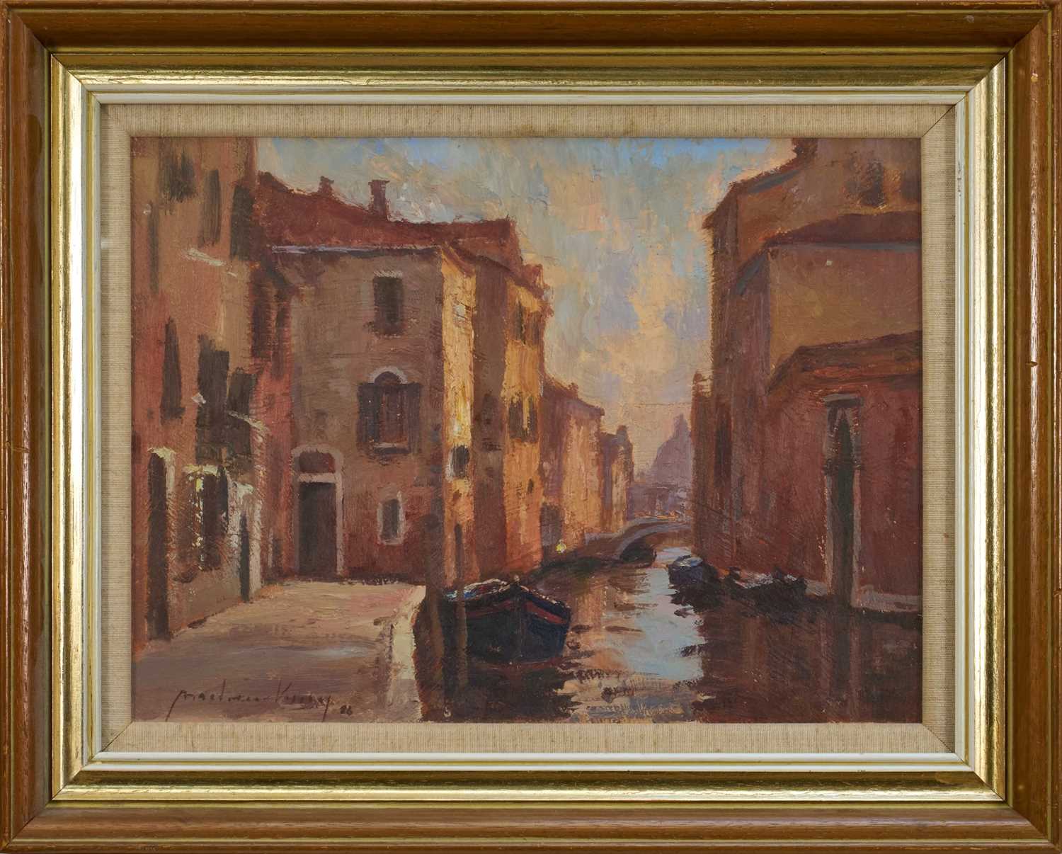 Lot 1145 - *Andrew King (b.1956) oil on board - Morning Sunshine, Venice, signed and dated '86, titled verso, 30cm x 40.5cm, in glazed frame