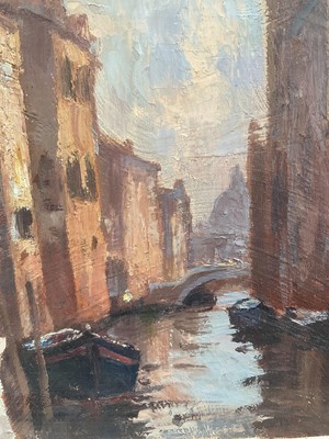 Lot 1145 - *Andrew King (b.1956) oil on board - Morning Sunshine, Venice, signed and dated '86, titled verso, 30cm x 40.5cm, in glazed frame