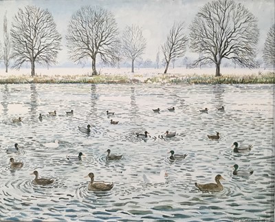 Lot 133 - Alex Williams (b 1942) oil on canvas - Ducks on a pond, 40cm x 50cm, framed