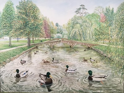 Lot 131 - Alex Williams (b. 1942) oil on canvas - Ducks and Ema at Bourton-on-the-Water, 76cm x 10cm, framed