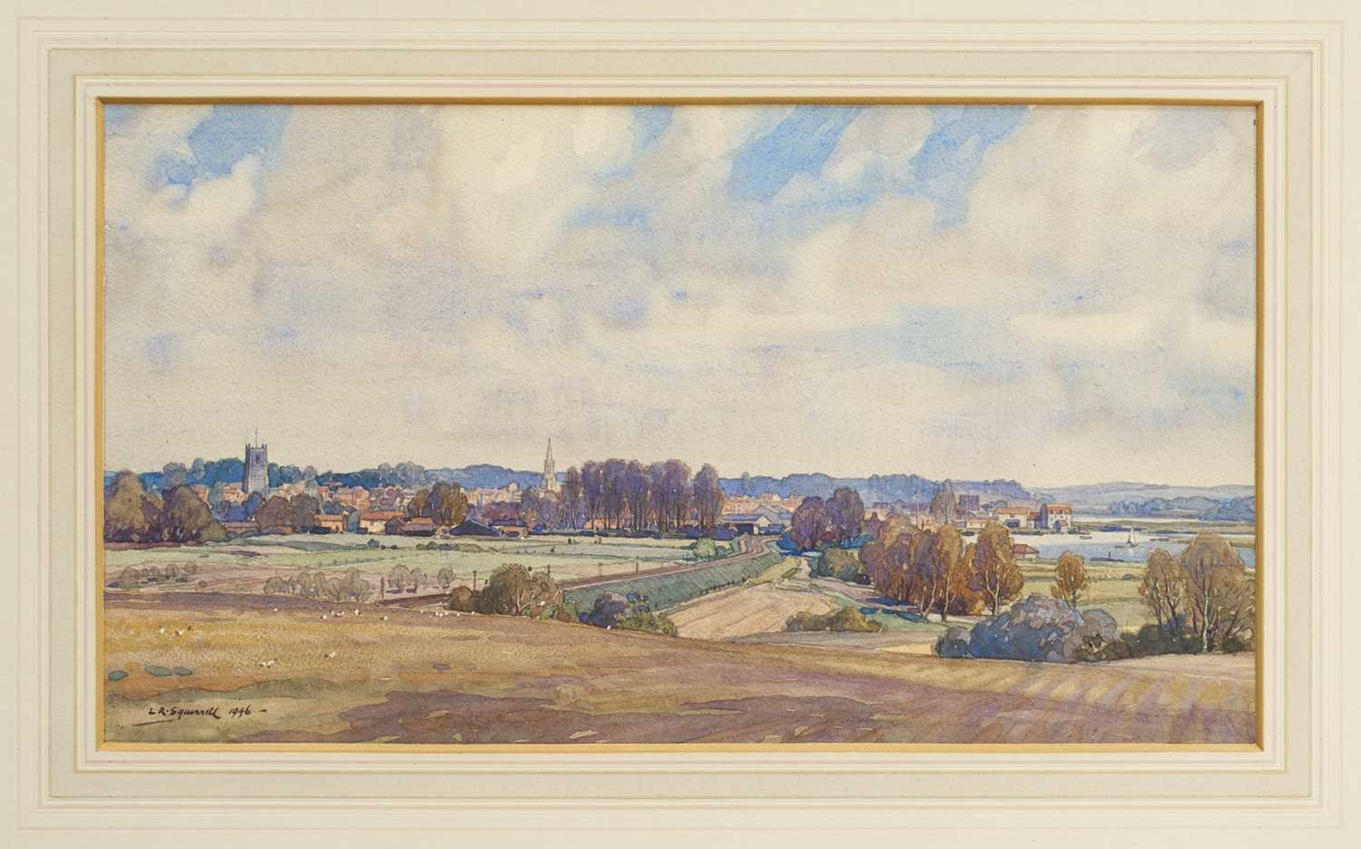 Lot 1249 - Leonard Russell Squirrell (1893-1979) watercolour - Woodbridge from Kyson Hill, signed, titled verso, 26cm x 46cm, in glazed frame