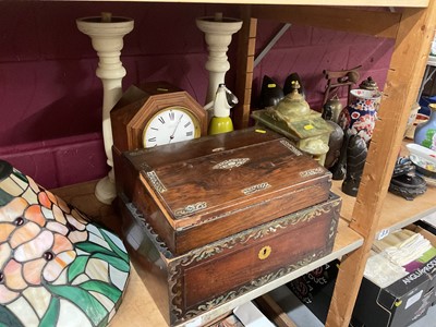 Lot 776 - Pair of modern painted wood pricket candlesticks, two mantle clocks, soda syphon and antique boxes.