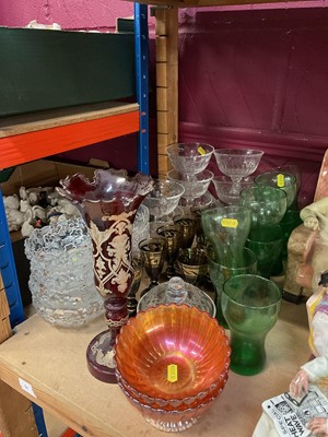 Lot 745 - Bohemian ruby glass vase, with gilded foliate decoration; Eight Darlington sundae dishes, lemonade glasses, Carnival glass and further glassware