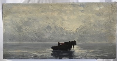 Lot 63 - Hunter Barr (possibly American) oil on board - Unloading the catch, 35cm x 71cm, unframed