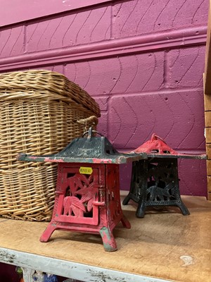 Lot 732 - Pair of cast iron painted Chinese garden porch lanterns (2)