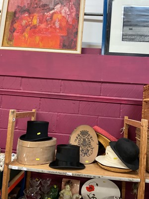 Lot 730 - Moleskin top hat, with presentation box, a felt top hat with box and various other hats