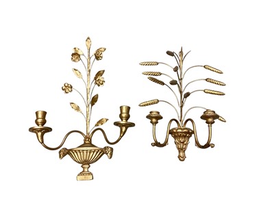 Lot 1377 - Two gilt painted twin candle wall sconces, one with wheat ears, the other flower stems