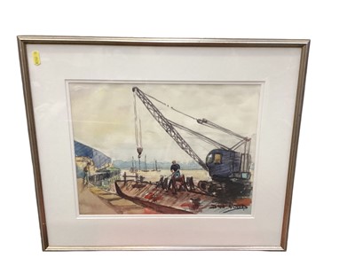 Lot 354 - David Wood, contemporary, watercolour - Dockland Crane, signed, in glazed frame