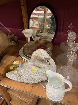 Lot 772 - 19th century Bohemian etched mirror, decorated with a crane in naturalistic setting, a crackle glaze swan, Worcester style hand painted cabinet plate and further ceramics