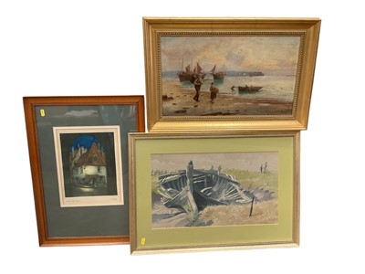 Lot 833 - W. Richards oil on canvas - fisherfolk on the shore, Russell Thomas watercolour, boat ruins, decorative pictures and gilt mirror