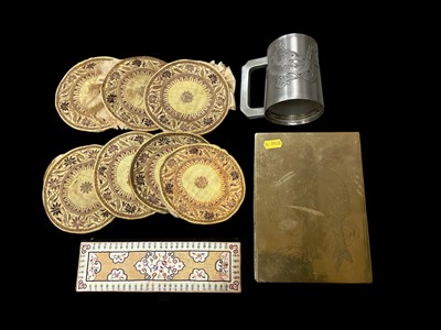 Lot 797 - Group of oriental items to include framed silk embroideries, Chinese pewter mug, Chinese copper box and other items