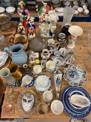 Lot 24 - Group of ceramics and glassware, including Victorian Staffordshire figures, Victorian commemoratives, Quimper faience, etc