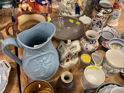 Lot 24 - Group of ceramics and glassware, including Victorian Staffordshire figures, Victorian commemoratives, Quimper faience, etc