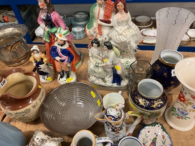 Lot 24 - Group of ceramics and glassware, including Victorian Staffordshire figures, Victorian commemoratives, Quimper faience, etc