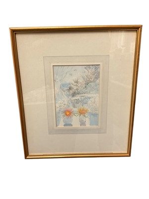 Lot 195 - Dennis Hawkins watercolour - Tunisian garden, signed and inscribed, in glazed gilt frame, 20cm x 14cm, together with a letter from the artist verso