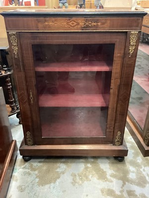 Lot 1217 - Victorian inlaid walnut pier cabinet with gilt metal mounts , glazed door and red velvet lined interior on bun feet, 72cm wide, 102cm high, 29cm deep