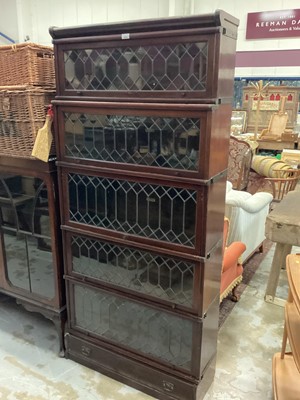 Lot 1239 - 1920s five tier mahogany Globe Wernicker sectional bookcase with leaded glazed doors and drawer in base 87cm wide, 195cm high, 27cm deep