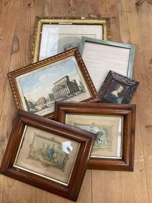 Lot 140 - Pictures and prints including 18th century classical stipple engraving, faux shagreen frame, etc