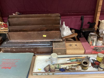 Lot 662 - Selection of wooden moulds, artists brushes etc boxes and stationery stand 93 shelves0