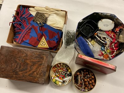 Lot 784 - Jewellery box containing costume jewellery, George III halfpenny, Masonic box etc