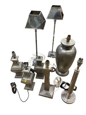 Lot 149 - Group of silvered and chrome table lamps, (8), with group of shades