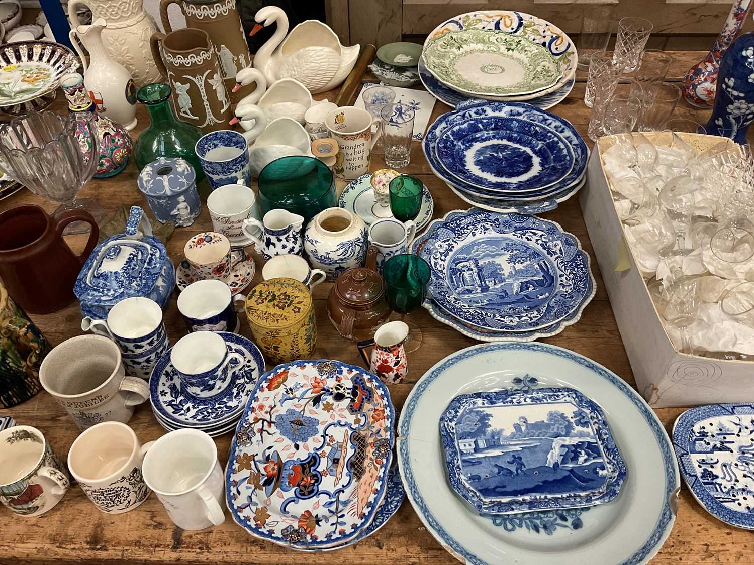 Lot 30 - Group of mostly antique ceramics and glassware, including delftware, ironstone, transfer ware, relief moulded jugs, etc