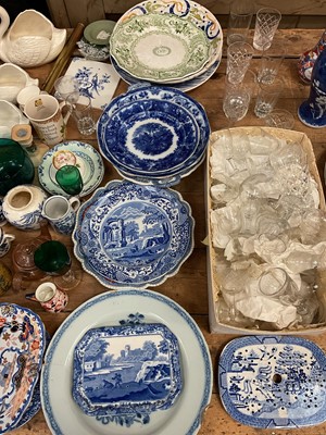 Lot 30 - Group of mostly antique ceramics and glassware, including delftware, ironstone, transfer ware, relief moulded jugs, etc