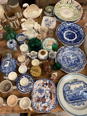 Lot 30 - Group of mostly antique ceramics and glassware, including delftware, ironstone, transfer ware, relief moulded jugs, etc