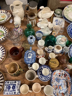 Lot 30 - Group of mostly antique ceramics and glassware, including delftware, ironstone, transfer ware, relief moulded jugs, etc