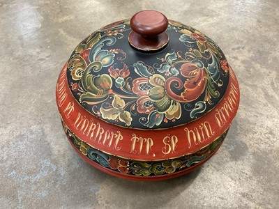 Lot 157 - Large Scandinavian painted wooden box and cover, 39cm diameter