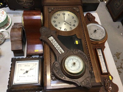 Lot 337 - Three wooden wall barometers, regulator wall clock and two mantle clocks