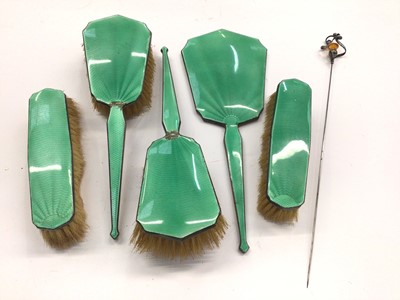 Lot 1047 - Charles Horner silver hat pin, together with a silver and green enamel dressing table set