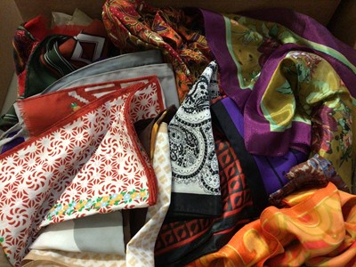 Lot 303 - Group of vintage silk and other scarves, two berets, evening bags, other textiles, bobbins and lace work items etc (3 boxes)