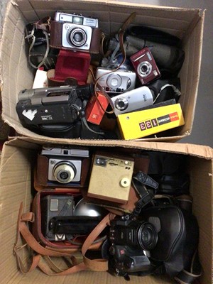 Lot 305 - Two boxes of cameras including Ilford Sportsman and Ilford Sporti, vintage and antique opera glasses, binoculars and accessories