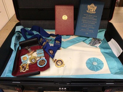 Lot 339 - Suitcase of Masonic regalia including one silver gilt and other medals