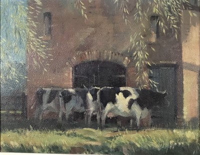 Lot 58 - Attributed to Stanley Orchart (1920-2005), oil on board of cows, Greenfield, Bedford, apparently unsigned, 33cm x 44cm, framed