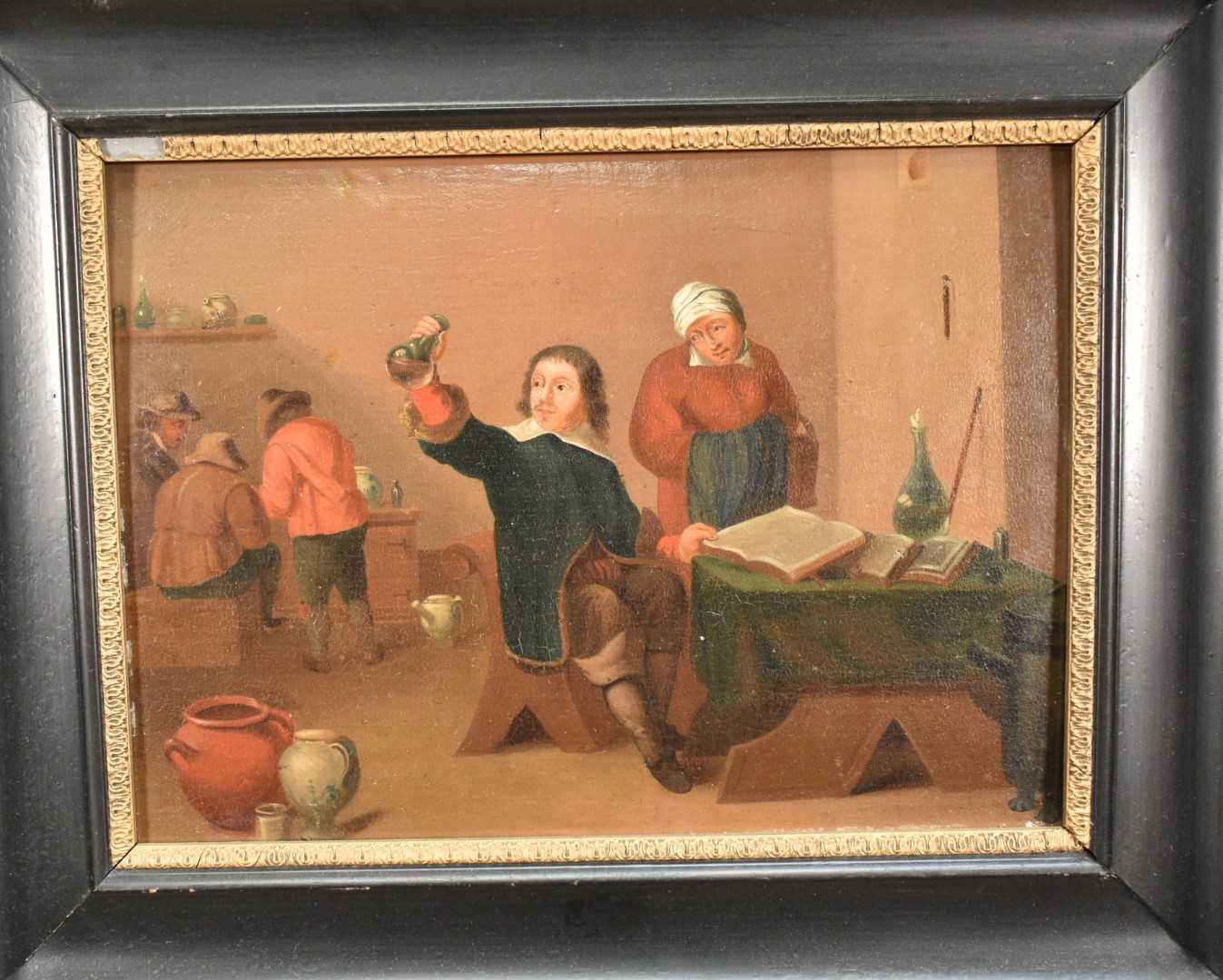Lot 1306 - Dutch School, 18th century, oil on panel - Interior of a Tavern scene, in 28cm x 39cm, in ebonised frame