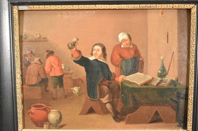 Lot 1306 - Dutch School, 18th century, oil on panel - Interior of a Tavern scene, in 28cm x 39cm, in ebonised frame