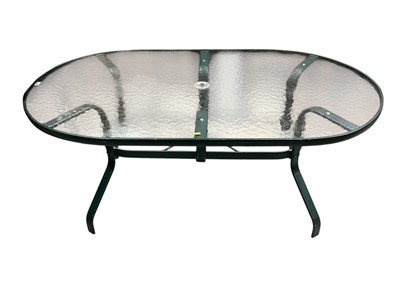 Lot 1349 - Green garden table with glass top and chairs