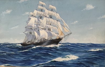 Lot 55 - Oswald Franklin Pennington (1885-1953), three-masted ship, gouache, signed, framed and glazed