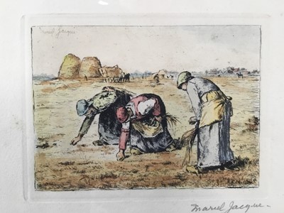 Lot 54 - Marcel Jaques, after Millet, two etchings of labourers, framed and glazed, inscribed in pencil, 9cm x 12cm