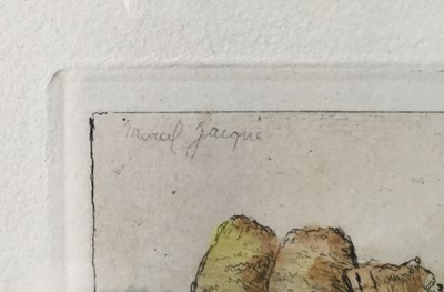 Lot 54 - Marcel Jaques, after Millet, two etchings of labourers, framed and glazed, inscribed in pencil, 9cm x 12cm
