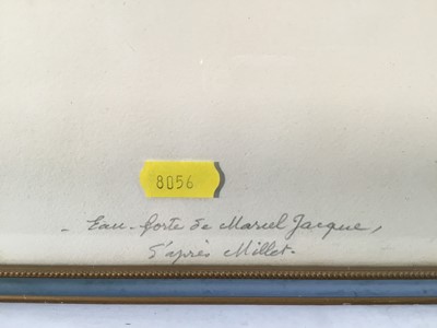 Lot 54 - Marcel Jaques, after Millet, two etchings of labourers, framed and glazed, inscribed in pencil, 9cm x 12cm