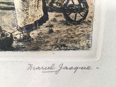 Lot 54 - Marcel Jaques, after Millet, two etchings of labourers, framed and glazed, inscribed in pencil, 9cm x 12cm